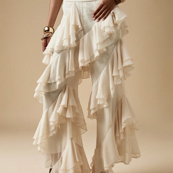 White Casual Women's High Waisted Wide Leg Chiffon Pants - Picture 3 of 6